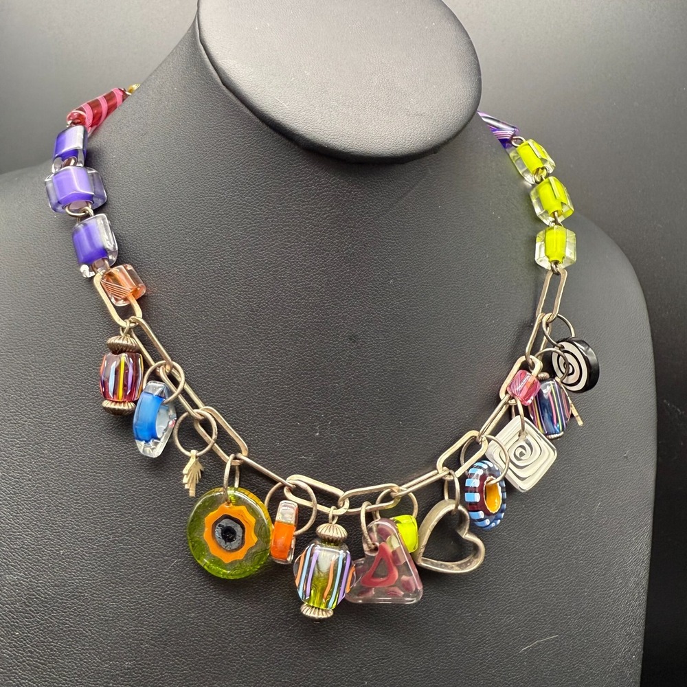 Basha Sterling Silver Murano Glass‎ Charm Necklace 16" Artisan Signed "B"